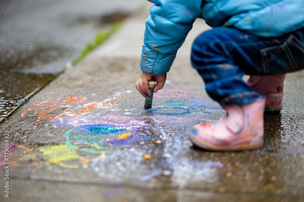 child drawing with wet chalk on sidewalk child drawing with wet chalk on sidewalk