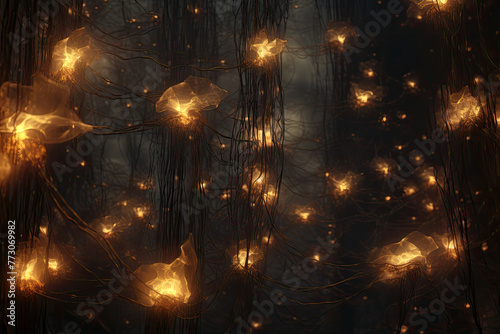 Enchanting Forest Scene with Delicate Fairy Lights Creating a Magical Ambiance