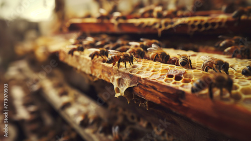 Zbliżenie na grupkę pszczół pracujących na plastrze miodu photo