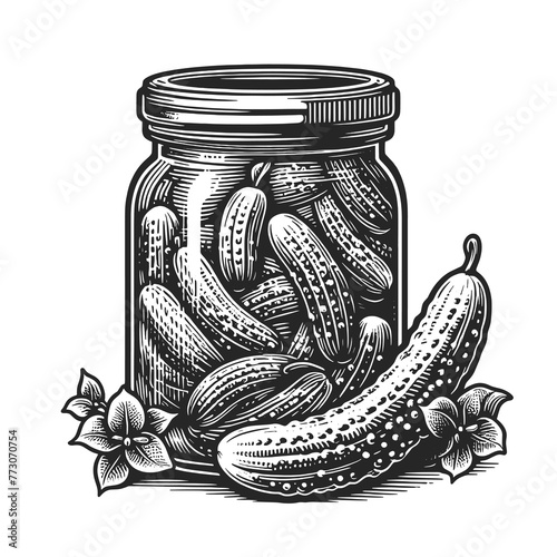pickles in sealed glass jar, isolated on white, depicted in an engraved style. Sketch engraving generative ai raster illustration. Scratch board imitation. Black and white image.