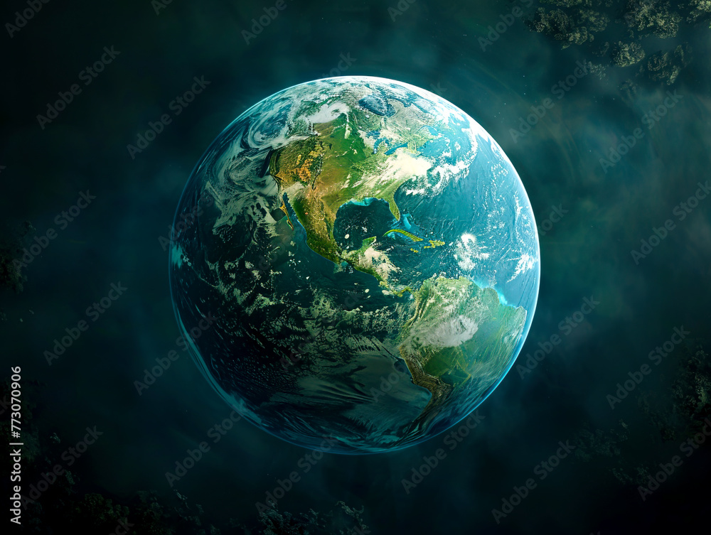 Hyper-realistic 3D globe view: Earth from space with desaturated hues and detailed clouds and land Hyper-realistic 3D globe view: Earth from space with desaturated hues and detailed clouds and land