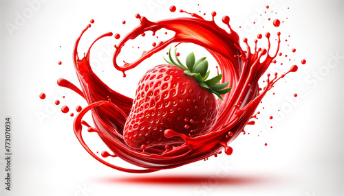 Strawberry dynamically sliced into a spiral with splashes of red juice against a white background.