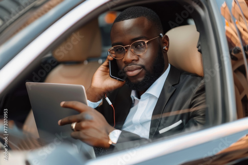 Professional Man in Suit Making a Call and Working on Tablet in Car © KirKam