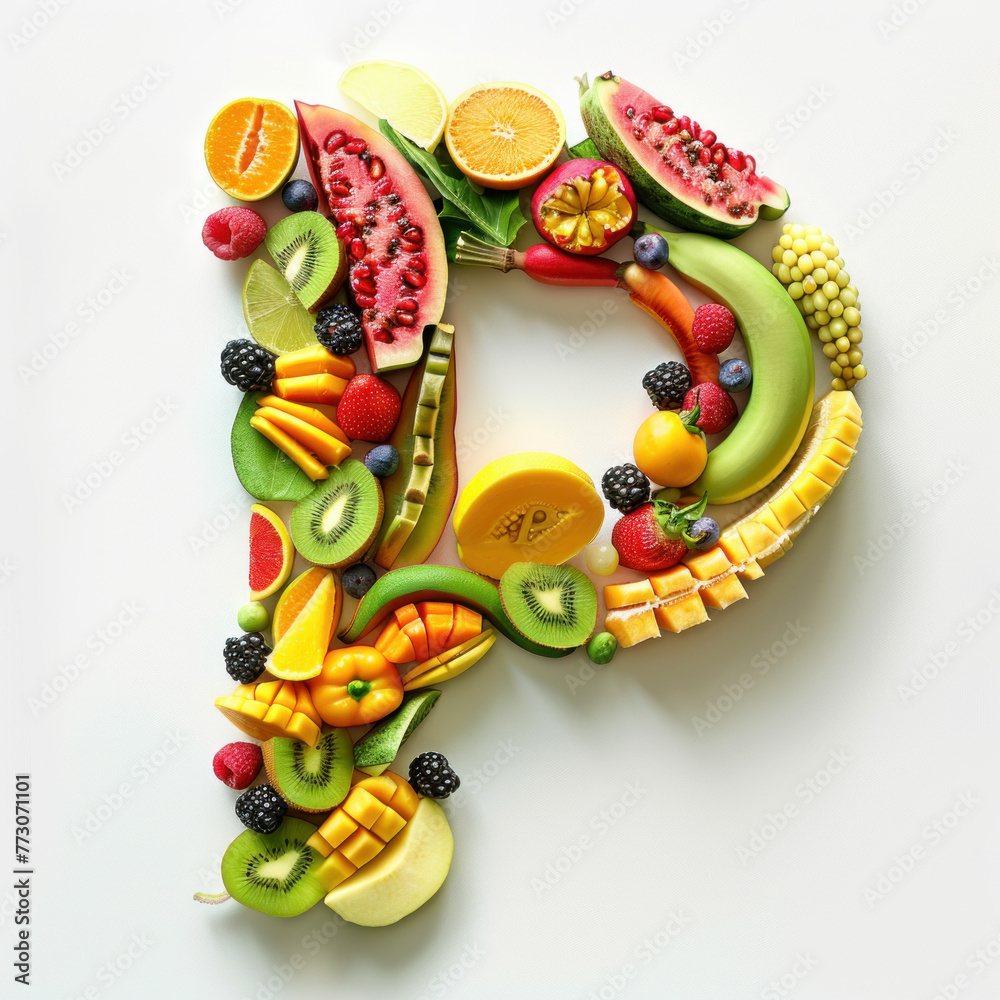 Alphabetical Assortment of Fresh Fruits Creating a Colorful Letter P