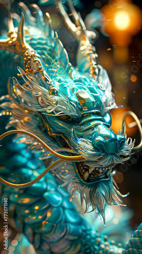 Golden Glow: Turquoise Chinese Dragon in Majestic Splendor
