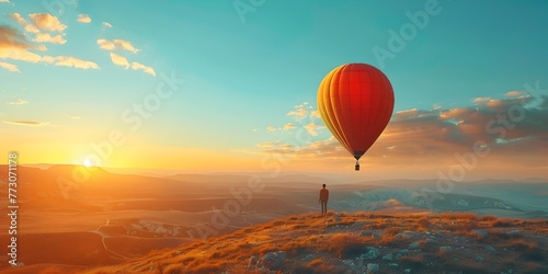 Hot Air Balloon Soaring Above Scenic Mountainous Landscape at Sunset with Silhouetted Adventurer Enjoying the Vista