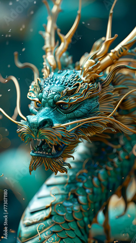 Golden Glow: Majestic Chinese Dragon in Turquoise Majesty photo