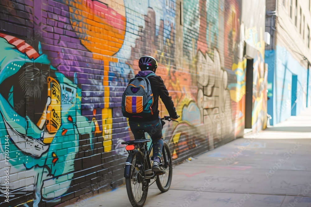 Fototapeta premium delivery person biking through mural lane