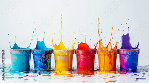 Vibrant Color Explosion: Paint Cans on White Background