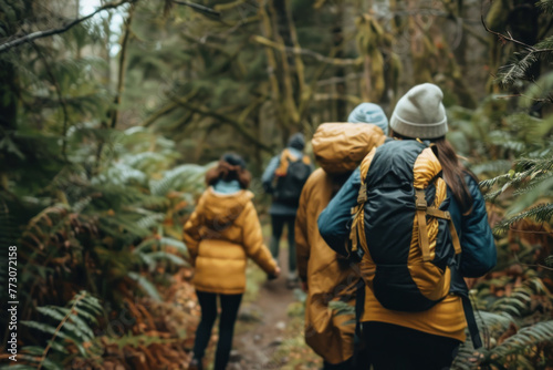 Group of Friends Wearing Yellow Jackets Hiking in a Lush Forest © KirKam