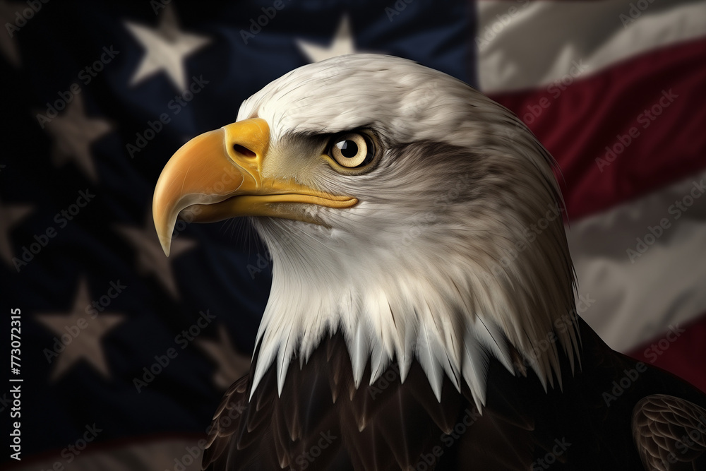 Obraz premium Bald Eagle with the American Flag in the background. Generative AI