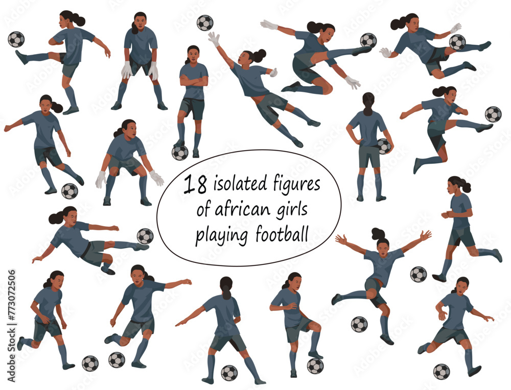 18 isolated figures of junior dark-skinned women's football players team in black uniforms standing in the goal, running, hitting the ball, jumping 18 isolated figures of junior dark-skinned women's football players team in black uniforms standing in the goal, running, hitting the ball, jumping