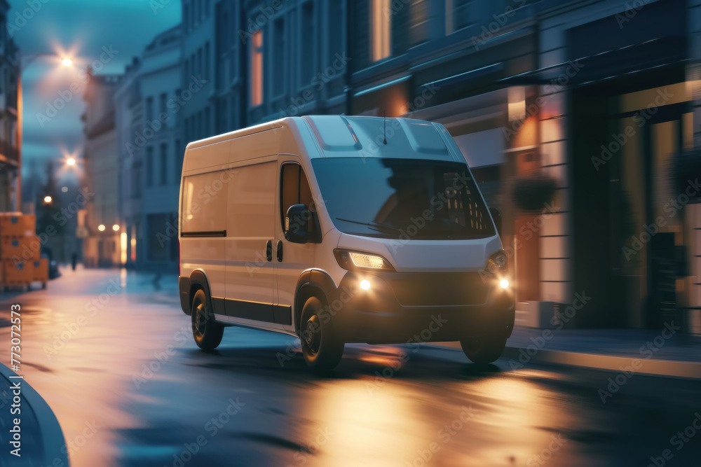 Electric Delivery Van Navigating the City Streets at Night