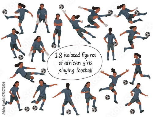 18 isolated figures of junior dark-skinned women s football players team in black uniforms standing in the goal  running  hitting the ball  jumping