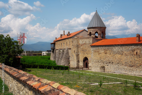 The grand stone Medieval Saint George church Alaverdi Monastery Complex with a striking red roof and tower stands tall against the sky, surrounded by lush green grass and plants photo