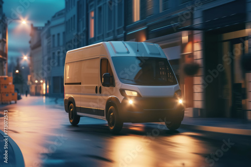 Electric Delivery Van Navigating the City Streets at Night © KirKam