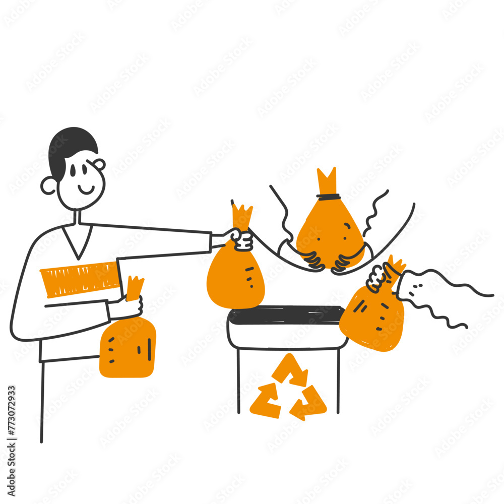 Obraz premium hand drawn doodle collect rubbish in the trash together illustration