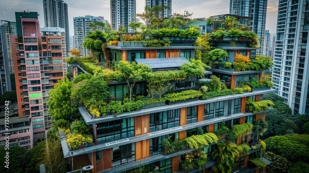 a city rooftop with solar panels and plants, showing how renewable energy and green spaces are used in city buildings
