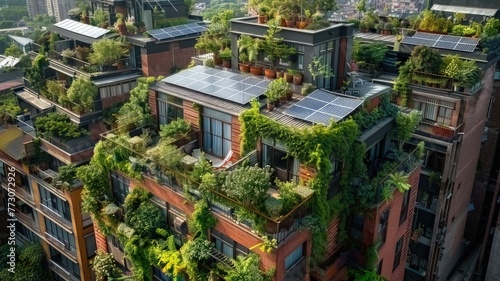 a city rooftop with solar panels and plants  showing how renewable energy and green spaces are used in city buildings 
