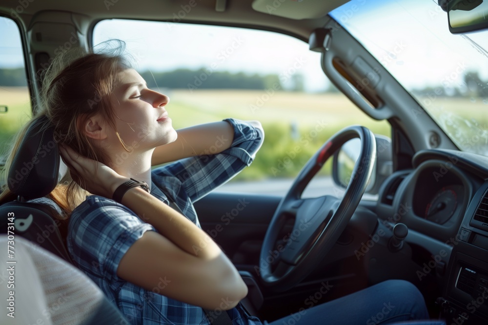 woman taking a break from driving, stretching her neck woman taking a break from driving, stretching her neck