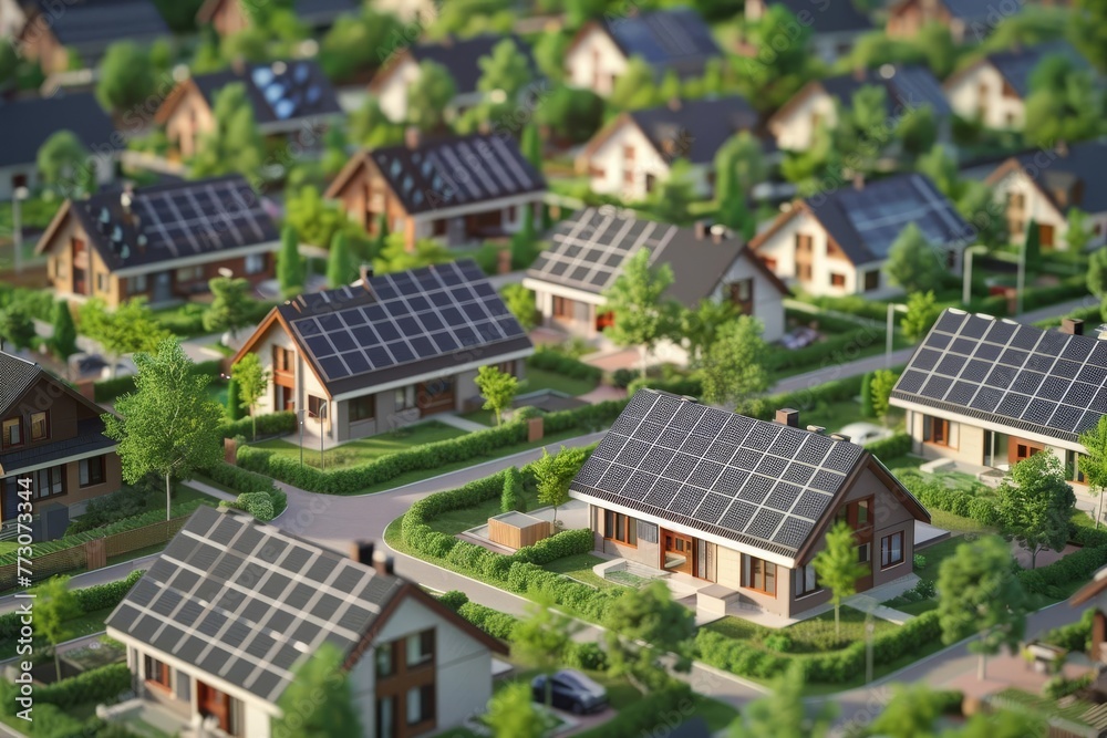Aerial view of an eco-friendly suburban neighborhood with solar panels on house roofs, sustainable living concept illustration Aerial view of an eco-friendly suburban neighborhood with solar panels on house roofs, sustainable living concept illustration