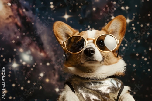 Adorable corgi puppy astronaut floating in space with oversized glasses  humorous dog illustration