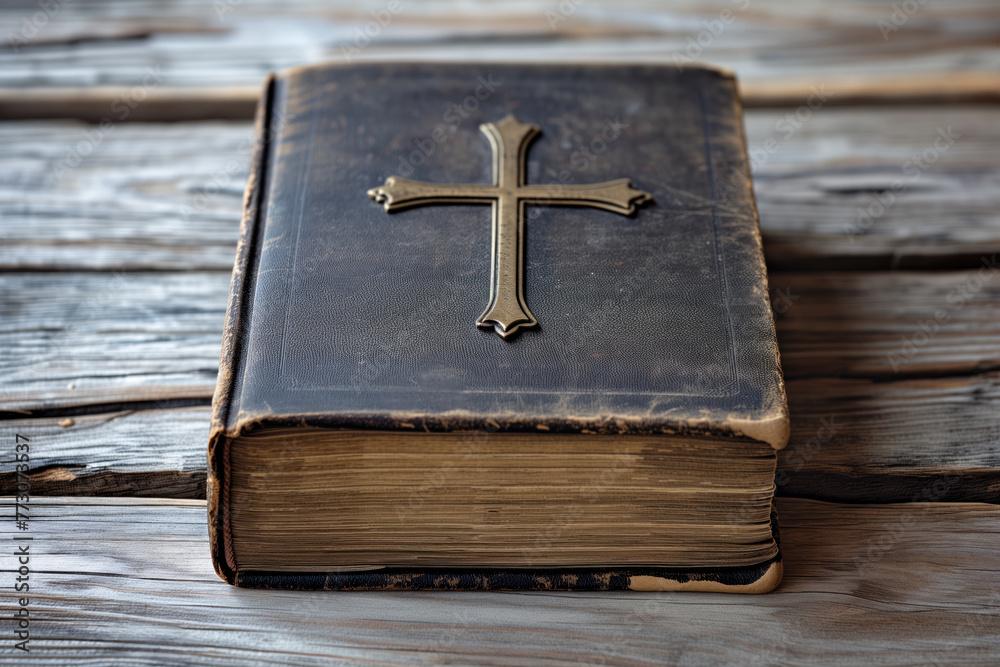 Christian Holy book Bible with cross on a dark cover on wooden table AI Generative