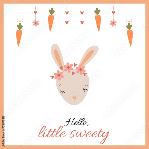Photos Cute vector postcard with a little bunny, flowers and carrots