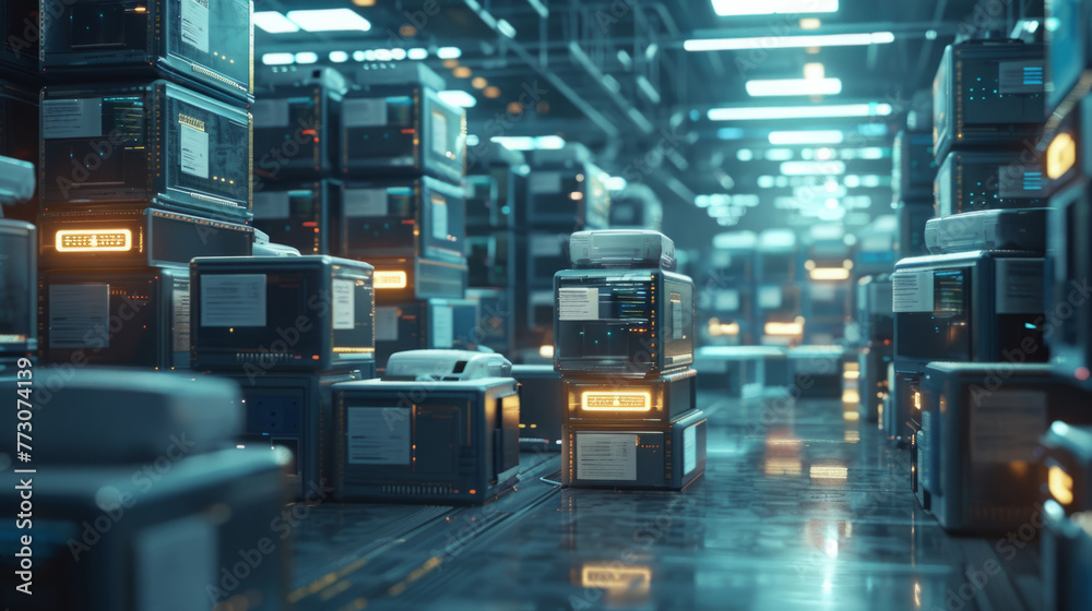 Futuristic data center with rows of high-powered servers and glowing lights, showcasing technology infrastructure and advanced computing. Futuristic data center with rows of high-powered servers and glowing lights, showcasing technology infrastructure and advanced computing.