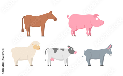 Collection of cute cartoon characters isolated on white background. Farm animals set in flat style. Husbandry set pig  duck  rabbit  sheep  donkey  cow  horse  rooster  chicken  goose. Vector.