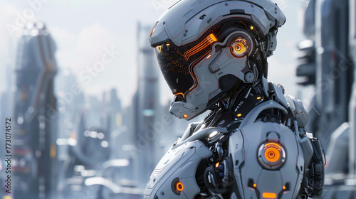 Close-up of a futuristic robot with intricate design details, set against a blurry cityscape background suggesting a high-tech urban environment. © ChubbyCat