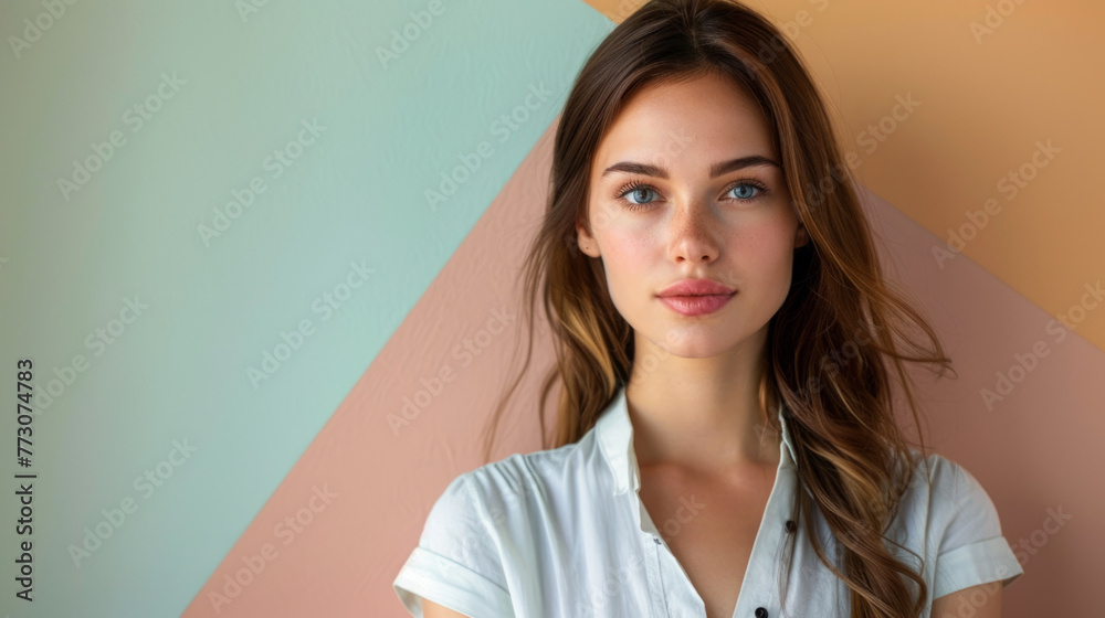 A young woman with long brown hair and blue eyes wears a casual white shirt. She stands against a geometric, multicolored background, exuding confidence and elegance. A young woman with long brown hair and blue eyes wears a casual white shirt. She stands against a geometric, multicolored background, exuding confidence and elegance.