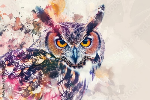 Colorful abstract owl portrait with double exposure effect and paint splatters, modern animal art © furyon