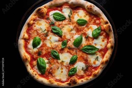 Classic Margherita Pizza with Ripe Tomatoes and Fresh Basil on Dark Background