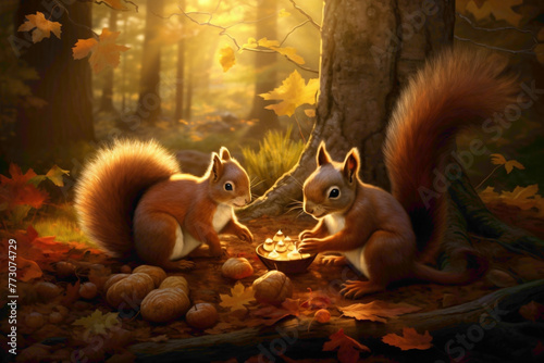 A family of cute squirrels sharing an acorn feast on a sun-dappled forest floor, their bushy tails forming a charming circle as they enjoy their meal.