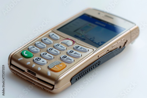 Exuding nostalgia, a golden vintage mobile phone is displayed isolatingly on a white background, harking back to early 2000s