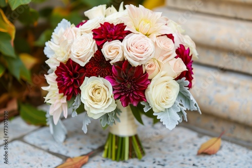 Elegant Bridal Bouquet with White Roses and Red Dahlias on Stone Stairs  Romantic Wedding Flower Arrangement  Beautiful Floral Design for Marriage Ceremony