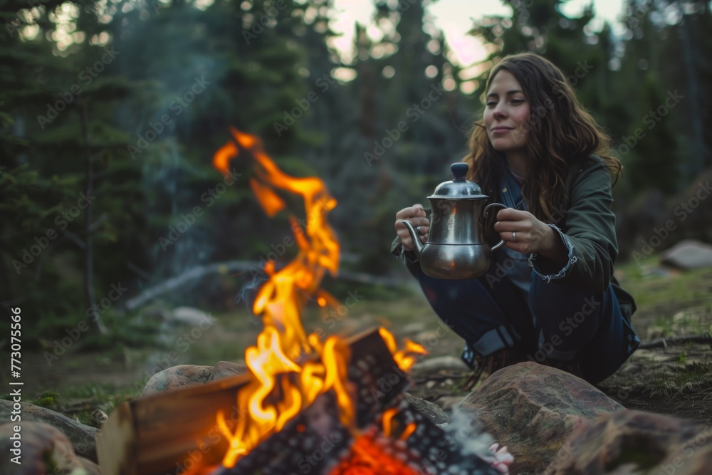 Obraz na plátně woman holding teapot at campfire with forest in background