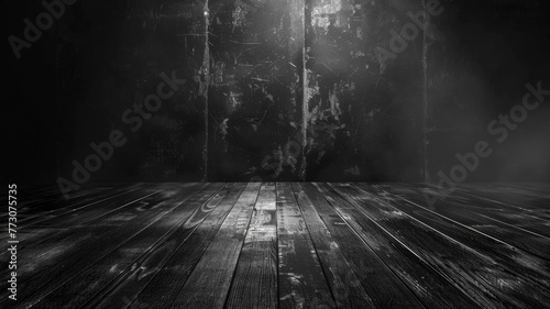 Dramatic Wooden Planks with Beams of Light in Moody Atmosphere photo