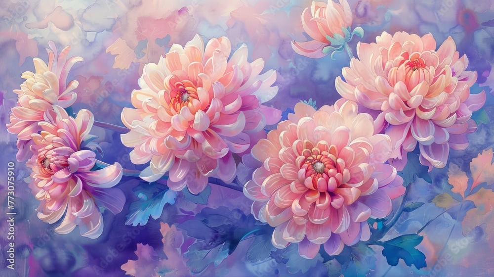 Delicate watercolor of cherished chrysanthemums, their petals unfolding in a dance of love elements, symbolizing enduring affection and joy