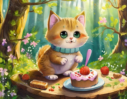 예쁜 숲속에서 케익을 만드는 행복한 아기 고양이
