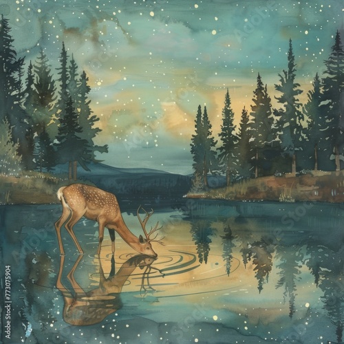 Enchanting Deer in Mystical Winter Wonderland Reflecting on Still Lake Beneath Starry Skies