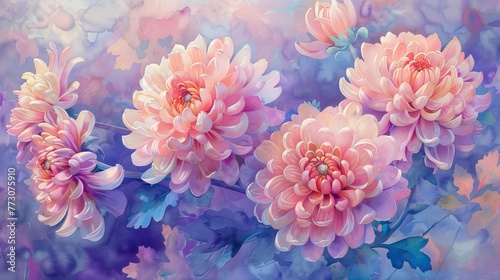 Delicate watercolor of cherished chrysanthemums, their petals unfolding in a dance of love elements, symbolizing enduring affection and joy