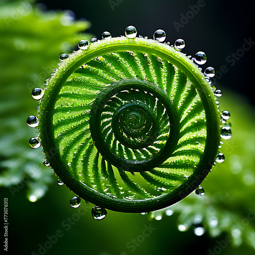 A verdant fern frond, tightly coiled, gracefully unwinds, unveiling its intricate network of veins adorned with shimmering morning dew, all captured in exquisite detail through a close-up or macro len