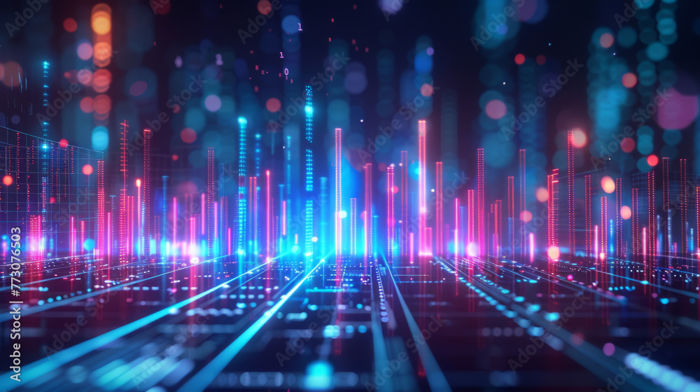Futuristic digital landscape with glowing neon light bars in blue and pink hues representing data flow or cyber technology concept Futuristic digital landscape with glowing neon light bars in blue and pink hues representing data flow or cyber technology concept