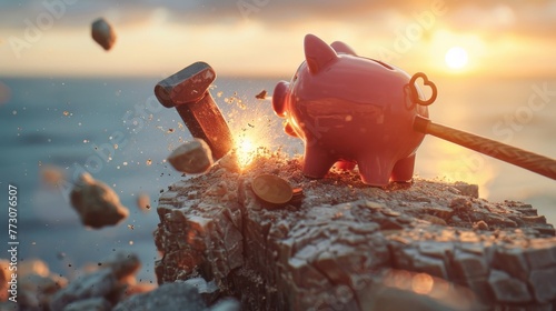 Hammer smashing piggy bank on a ledger cliff, dusk light, macro, high saturation