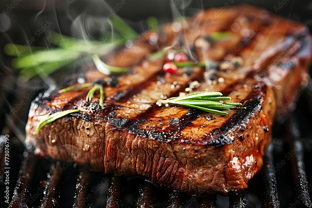 Delicious New York strip steak, grilled to perfection, juicy beef cut with appealing grill marks, close-up food photography - obrazy, fototapety, plakaty 