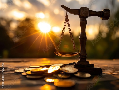 Scale balancing a hammer and scissors over coins, sunset, side angle, balanced drama photo