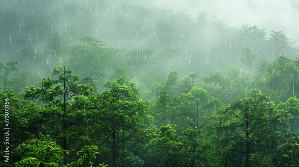 Tropical Rainforest Under Heavy Rainfall.  - obrazy, fototapety, plakaty 