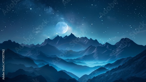 Moonlit Night Over Misty Mountain Ranges.  © kmmind